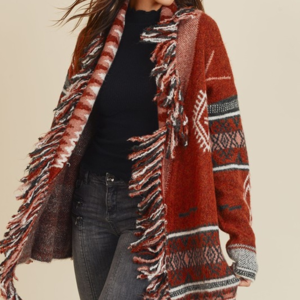 New Native Print Fringed Blanket Cardigan Sweater - Picture 4 of 6